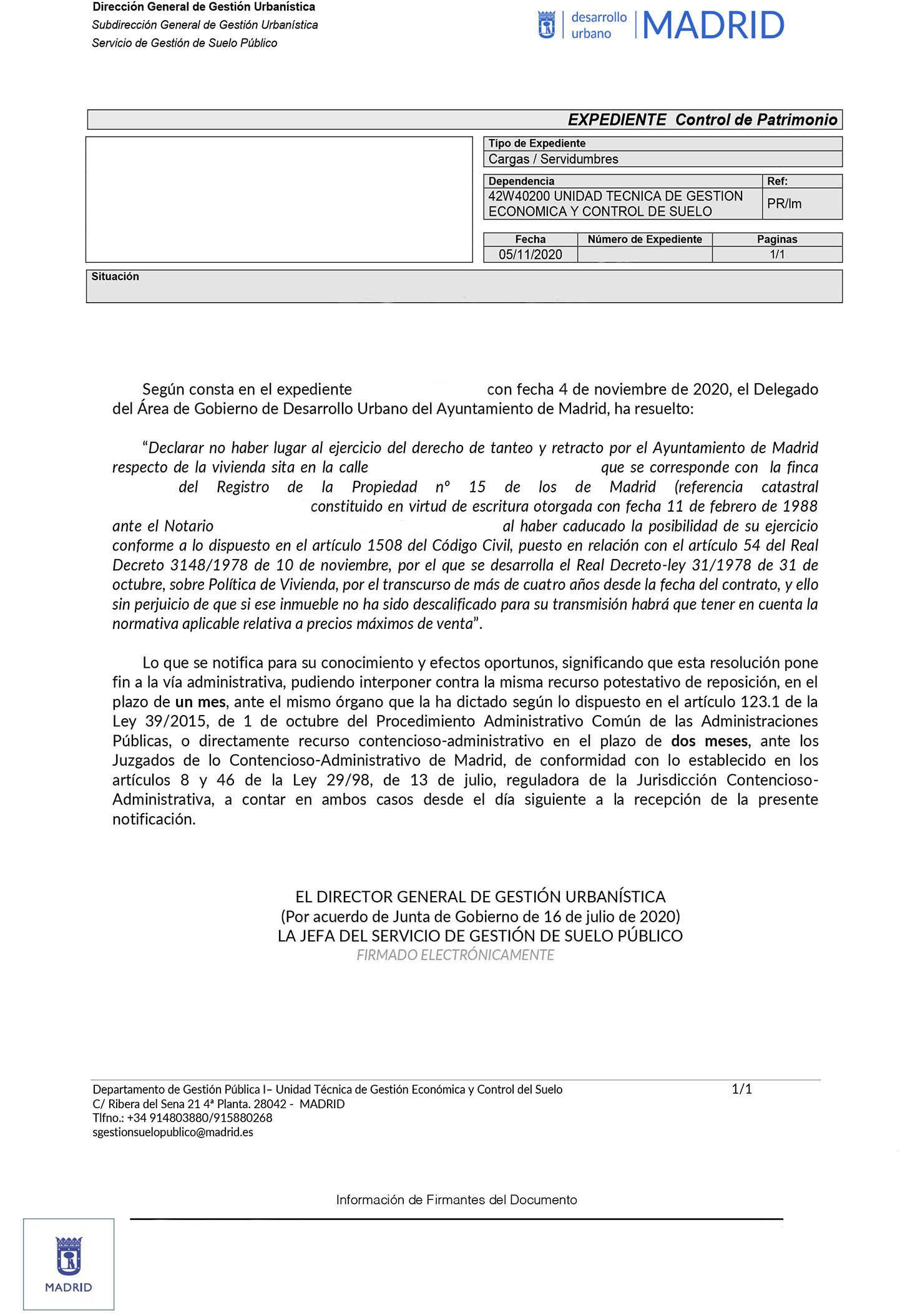 Contestación Ayuntamiento de Madrid a no ejercer su derecho de tanteo y retracto