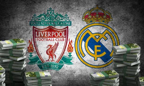 escudo del Liverpool y del real Madrid con billetes de 100 euros