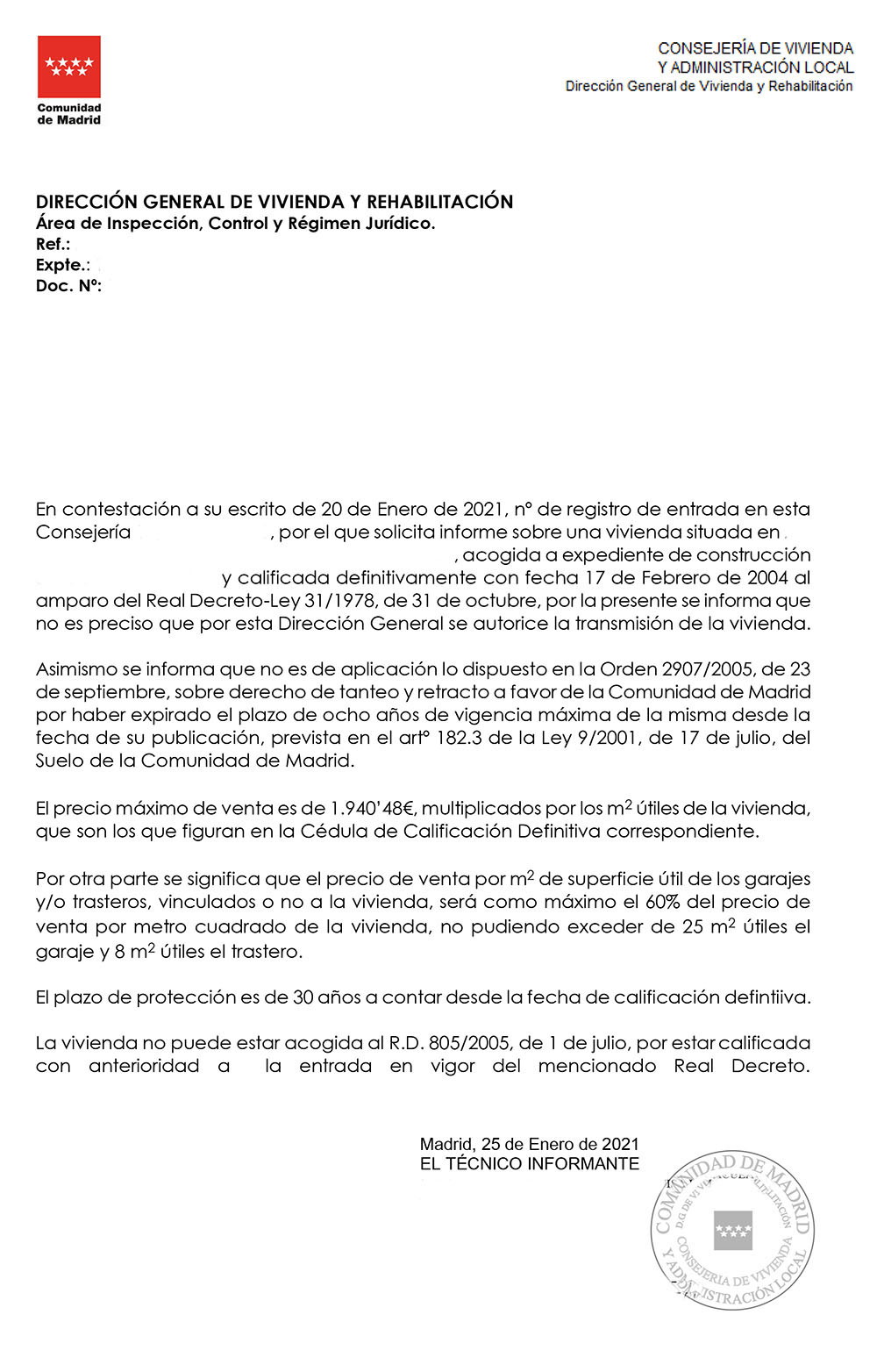 Resolución de un informe de venta para una VPO de Promoción Privada en Madrid