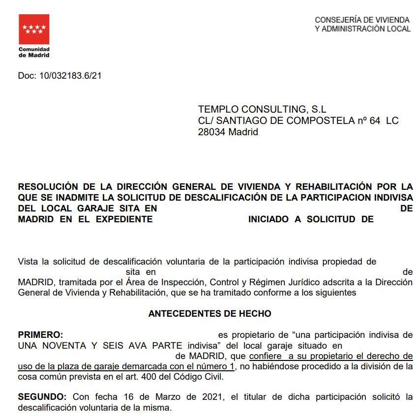 Respuesta de la Dirección general de Arquitectura y Vivienda de la Comunidad de Madrid