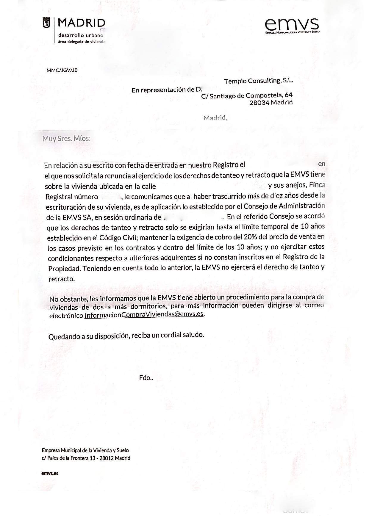 Carta de renuncia de la EMVS a su derecho de tanteo y retracto sobre una VPO en Madrid